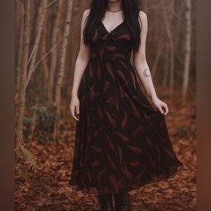 Max Studio Midi Vintage Silk Sheer Feather Black & Pink Overlay Dress